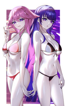 2girls absurdres animal_ears bikini black_bikini breasts fox_ears genshin_impact hair_between_eyes hair_ornament highres large_breasts long_hair looking_at_viewer mole mole_under_eye multiple_girls pink_hair pontaro2 purple_eyes purple_hair raiden_shogun red_bikini smile swimsuit yae_miko