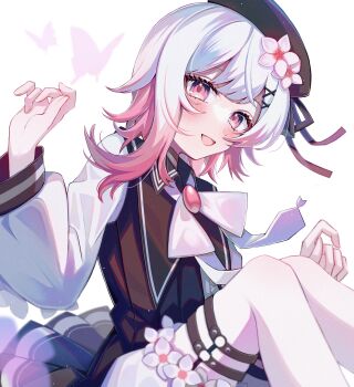 1girl :d animal beret black_dress black_hat blush_stickers bow bug butterfly commentary_request dress feet_out_of_frame flower grey_hair hair_flower hair_ornament hands_up hat highres insect knees_up long_sleeves looking_at_viewer mahou_shoujo_no_majo_saiban multicolored_hair open_mouth pink_eyes pink_hair pleated_dress puffy_long_sleeves puffy_sleeves sakuraba_ema satoimo_chika shirt simple_background sleeveless sleeveless_dress smile solo tilted_headwear two-tone_hair white_background white_bow white_flower white_shirt