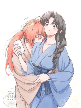 1boy 1girl absurdres arms_around_waist artist_name black_hair blue_eyes blue_kimono blush braid breasts brown_kimono closed_eyes closed_mouth couple cowboy_shot cup hair_between_eyes hair_over_one_eye hetero highres himura_kenshin holding holding_cup japanese_clothes kamiya_kaoru kimono low_ponytail medium_breasts orange_hair oyu_kuda_sai parted_bangs ponytail rurouni_kenshin sidelocks single_braid twitter_username white_background