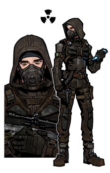 Rule 34 | 1boy, beanie, black gloves, black shirt, boots, brown boots, brown eyes, brown pants, chinese commentary, commentary request, fukurau, full body, gloves, grey hat, gun, handgun, hat, highres, holding, holding gun, holding weapon, hood, hood up, looking afar, looking at viewer, makarov pm, male focus, mask, multiple views, pants, radiation symbol, respirator, shirt, simple background, skif (stalker 2), stalker (game), stalker 2: heart of chornobyl, weapon, white background