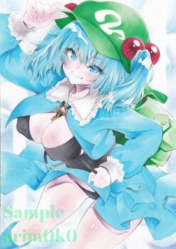 Rule 34 | 1girl, arim0k0, backpack, bag, black bra, black panties, blue eyes, blue hair, blue shirt, blue skirt, bra, breasts, cleavage, closed mouth, clothes lift, collared shirt, commentary request, frilled shirt collar, frills, green hat, hair bobbles, hair ornament, hand on headwear, hat, highres, jewelry, kawashiro nitori, key, key necklace, large breasts, long sleeves, looking at viewer, medium hair, necklace, necklace between breasts, open clothes, open shirt, panties, sample watermark, shirt, skirt, skirt lift, smile, solo, touhou, traditional media, two side up, underwear, watermark, wind, wind lift