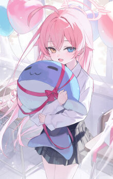 1girl absurdres ahoge asashin_(asn) balloon birthday blue_archive blue_necktie cake fang food halo heart_balloon heterochromia highres holding holding_stuffed_toy hoshino_(blue_archive) huge_ahoge inflatable_toy inflatable_whale long_hair necktie pink_hair pink_halo plaid_clothes plaid_skirt skin_fang skirt smile stuffed_animal stuffed_toy stuffed_whale