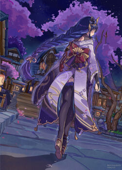 1girl absurdres architecture artist_name back_bow black_bridal_gauntlets black_thighhighs bow braid bridal_gauntlets commentary_request dated dutch_angle east_asian_architecture fan_hair_ornament flower from_behind full_body genshin_impact gold_trim highres japanese_clothes kimono long_hair long_sleeves low-braided_long_hair low-tied_long_hair nero_augustus night outdoors over-kneehighs purple_eyes purple_flower purple_hair purple_kimono pussy_juice raiden_shogun red_bow solo thighhighs tree variant_set very_long_hair walking walking_away wide_sleeves