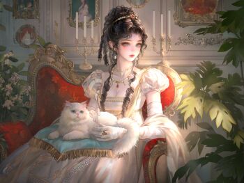 1girl absurdres animal black_hair blue_eyes braid breasts candle cat chair cleavage couch dress earrings gloves highres holding indoors jewelry large_variant_set long_hair necklace on_lap original pearl_necklace plant puffy_sleeves ring sitting solo variant_set white_cat white_dress xixizi