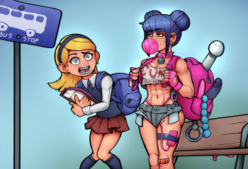 2girls abs backpack bag black_necktie black_vest blonde_hair blowing_bubbles blue_hair braces brown_skirt bus_stop collared_shirt denim denim_shorts fingerless_gloves gloves gomi_masuzawa grey_shorts highres long_hair markydaysaid masuzawa_family_(markydaysaid) micro_shorts multiple_girls navel necktie panties panty_straps pink_bag pink_gloves pink_panties pleated_skirt school_uniform shirt shorts skirt underwear vest vibrator_in_thigh_strap white_shirt