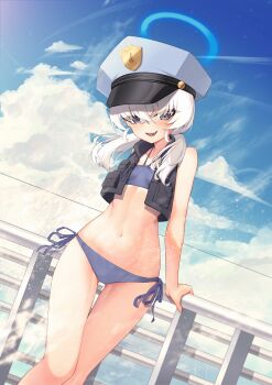 1girl bare_legs bikini blue_archive blue_bikini blue_halo blue_sky breasts cloud cloudy_sky guaidao_gd halo hat looking_at_viewer navel sky small_breasts solo swimsuit twintails valkyrie_police_academy_student_(sg)_(blue_archive) water white_hair