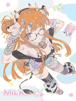 Rule 34 | 1girl, absurdres, animal ear hairband, animal ears, animal print, arm up, arm warmers, asymmetrical legwear, bell, belt, bikini, black shirt, blush, bow, bow bra, bra, bracelet, breasts, chinese commentary, commentary request, cow ear hairband, cow ears, cow horns, cow print, cow print background, cow print bra, cow tail, crop top, fake animal ears, frilled thigh strap, from above, full body, glasses, hair bun, hair ornament, hairband, hairclip, highres, horns, jewelry, kneehighs, leg warmers, long hair, medium breasts, nail art, neck bell, off-shoulder shirt, off shoulder, one eye closed, orange hair, persona, persona 5, pink belt, pointing, pointing up, pom pom (clothes), purple eyes, qingshi380, sakura futaba, shirt, short shorts, shorts, sidelocks, single hair bun, socks, solo, sticker, sticker on arm, sticker on leg, striped arm warmers, striped clothes, striped socks, swimsuit, tail, thigh strap, thighhighs, underwear