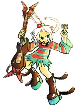 Rule 34 | 1girl, absurdres, aqua eyes, bass guitar, black boots, boots, censored, commentary, dress, english commentary, full body, hair bobbles, hair ornament, haychel, highres, holding, holding bass guitar, holding instrument, instrument, long sleeves, middle finger, nintendo, pokemon, pokemon bw2, roxie (pokemon), simple background, smile, solo, striped clothes, striped dress, tongue, tongue out, topknot, two-tone dress, v-shaped eyebrows, white background, white hair