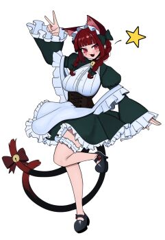 1girl animal_ears black_shoes blunt_bangs blush bow breasts canonball_(dungigi12) cat_ears cat_girl cat_tail commentary_request fang full_body highres juliet_sleeves kaenbyou_rin korean_commentary large_breasts long_sleeves looking_at_viewer maid multiple_tails open_mouth puffy_sleeves red_eyes red_hair sash shoes skin_fang solo standing standing_on_one_leg star_(symbol) tail tail_bow tail_ornament thigh_strap touhou transparent_background two_tails v