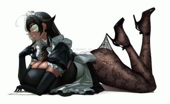 1girl absurdres ahoge apron arm_under_breasts artist_name black_bow black_bowtie black_dress black_hair black_shoes blush bow bowtie breasts cleavage commentary covered_eyes dark-skinned_female dark_skin dress earrings elbow_gloves english_commentary feet_up finger_to_own_chin floral_print_pantyhose frilled_apron frills from_side gloves high_heels highres huge_breasts indie_virtual_youtuber inkspirate jewelry lace_pantyhose_hooked_on_heel_(meme) lilith_(inkspirate) long_hair lying maid maid_headdress meme multicolored_hair on_stomach pantyhose parted_lips puffy_short_sleeves puffy_sleeves shoes short_sleeves simple_background skindentation smile solo split-color_hair star_(symbol) star_earrings strappy_heels the_pose thick_thighs thighs twitter_username twitter_x_logo very_long_hair virtual_youtuber white_apron white_background white_hair
