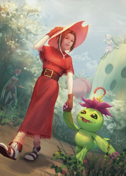 Rule 34 | 3girls, belt, boxing gloves, brown belt, brown eyes, brown gloves, brown hair, cactus, day, digimon, digimon (creature), digimon adventure, dress, gloves, hat, highres, holding hands, karta3490350, lilimon, long dress, long hair, multiple girls, outdoors, palmon, pink hat, plant monster, red dress, red gloves, rosemon, tachikawa mimi, togemon, tree, walking