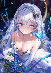 Rule 34 | 1girl, absurdres, blue bow, blue eyes, blue flower, blue gemstone, blue ribbon, blue rose, blush, bouquet, bow, breasts, bridal veil, cleavage, collarbone, dress, elbow gloves, flower, gem, gloves, grey hair, grin, hair bow, hair intakes, highres, holding, holding bouquet, jewelry, kaga sumire, looking at viewer, medium breasts, medium hair, pendant, petals, ribbon, rose, smile, solo, strapless, strapless dress, veil, virtual youtuber, vspo!, wedding dress, white dress, white flower, white gloves, white rose, yahiro (heartseek000)