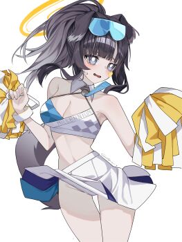 1girl absurdres animal_ears black_hair blue_archive blue_eyes blush breasts cheerleader commentary_request dog_ears dog_girl dog_tail goggles goggles_on_head halo hibiki_(blue_archive) hibiki_(cheer_squad)_(blue_archive) highres holding holding_pom_poms korean_commentary long_hair looking_at_viewer millennium_cheerleader_outfit_(blue_archive) official_alternate_costume open_mouth panties pom_pom_(cheerleading) pom_poms simple_background skirt solo star_(symbol) star_sticker starain_1202 sticker sticker_on_face tail underwear upskirt white_background white_panties yellow_halo