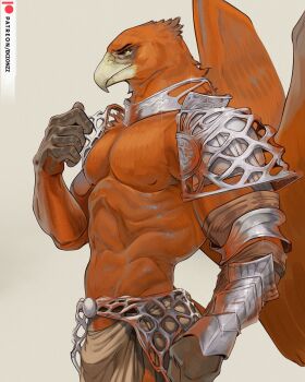 1boy abs artist_name bara beak bird_boy bird_wings closed_mouth commentary ekzonzz elden_ring elden_ring_nightreign english_commentary feathered_wings from_side furry furry_male guardian_(elden_ring) highres male_focus muscular muscular_male patreon_logo patreon_username pectorals profile wings