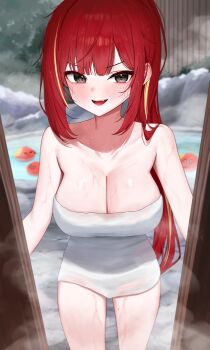 1girl absurdres akane_lize bare_shoulders black_eyes blush breasts cleavage collarbone commentary highres large_breasts long_hair looking_at_viewer mole mole_on_cheek mole_on_thigh multicolored_hair naked_towel onsen open_mouth pienna_(akane_lize) poppo_myupunk98 red_hair smile solo steam stellive streaked_hair towel v-shaped_eyebrows virtual_youtuber wet