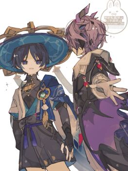 2boys anemo_symbol_(genshin_impact) aqua_gem armor arms_at_sides belt black_belt black_bodysuit black_coat black_hair black_horns blue_cape blue_hat blue_kimono blue_sleeves blunt_ends bodysuit boots bridal_gauntlets bright_pupils cape coat collared_coat covered_collarbone dragon_boy dragon_horns dragon_wings durin_(genshin_impact) eyeliner eyeshadow facing_another feathers fingernails gem genshin_impact gloves gold gold_ring grey_boots grey_bridal_gauntlets grey_shorts hakama hakama_shorts hat highres horns japanese_armor japanese_clothes jingasa juban kimono kote kurokote layered_sleeves looking_at_another low_wings makeup mandarin_collar middle_ring minonome1206 multiple_boys open_clothes open_hand open_kimono open_mouth pants parted_bangs pleated_shorts pom_pom_(clothes) purple_eyes purple_hair purple_horns purple_rope purple_sash purple_wings red_eyeliner red_eyeshadow rope sash scaramouche_(genshin_impact) short_sleeves shorts shoulder_peek slit_pupils tassel tsurime twitter_username vision_(genshin_impact) wanderer_(genshin_impact) watermark white_background white_gloves white_kimono white_pants white_pupils white_sleeves white_trim wings wispy_bangs yellow_feathers