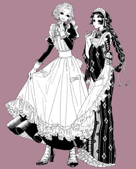 2girls alternate_costume apron blunt_bangs bow braid dress dress_bow floating_hair frilled_apron frills full_body greyscale_with_colored_background hair_bow hair_intakes high_heels identity_v japanese_clothes juliet_sleeves kimono long_sleeves maid maid_apron maid_headdress mary_(identity_v) michiko_(identity_v) multiple_girls pink_background puffy_sleeves satou_saori short_hair single_braid wa_maid