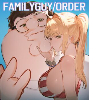 1boy 1girl bead_bracelet beads bikini blonde_hair bracelet breasts brown_hair cleft_chin closed_mouth commentary crossover english_commentary family_guy fat fat_man fate/grand_order fate_(series) glasses green_eyes hair_intakes highres jewelry kowai_(iamkowai) large_breasts licking licking_another&#039;s_face long_hair looking_at_viewer nero_claudius_(fate) nero_claudius_(swimsuit_caster)_(fate) peter_griffin red_bikini round_eyewear short_hair striped_bikini striped_clothes swimsuit twintails very_short_hair
