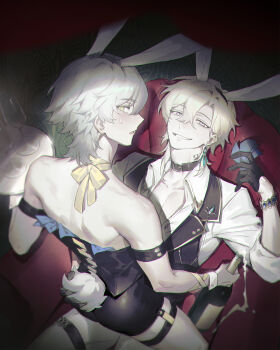 2boys alcohol alternate_costume animal_ears arm_ribbon armlet ass aventurine_(honkai:_star_rail) back banknote bare_back between_fingers black_collar black_corset black_gloves black_shorts black_vest blonde_hair blue_eyes blue_gemstone blush bottle bow bracelet bright_pupils caelus_(honkai:_star_rail) chair champagne chinese_commentary collar collarbone collared_shirt commentary_request corset cup drinking_glass earrings fake_animal_ears fake_tail gem gloves grey_hair hair_between_eyes hand_up highres holding holding_bottle holding_money holding_tray honkai:_star_rail honkai_(series) jewelry lapels long_sleeves looking_at_viewer looking_back male_focus mealove1218 money multicolored_eyes multiple_boys neck_tattoo on_chair open_mouth pants purple_eyes rabbit_ears rabbit_tail ribbon shirt short_hair shorts single_earring sitting sitting_on_person smile sweatdrop tail tattoo teeth thigh_strap trailblazer_(honkai:_star_rail) tray vest white_pants white_pupils white_shirt wrist_cuffs yaoi yellow_bow yellow_eyes