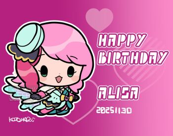 1girl alisa_boskonovich character_name chibi chibi_only commentary_request dated dress full_body green_eyes happy_birthday heart kotomaru_(kotokoto_kottan) long_hair looking_at_viewer open_mouth outline pink_background pink_hair signature solo tekken white_outline wings