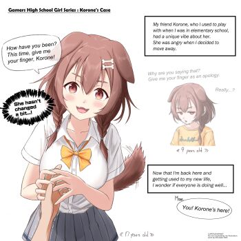 1girl 1other absurdres alternate_language animal_ears blush bone_hair_ornament bow bowtie breasts brown_eyes brown_hair collarbone commentary_request dialogue_box dog_ears dog_girl dog_tail double-parted_bangs english_text fangs grey_skirt hair_between_eyes hair_ornament hand_grab highres hololive inugami_korone large_breasts looking_at_viewer low_twintails medium_hair open_mouth pleated_skirt school_uniform shirata98 shirt shirt_tucked_in short_sleeves skirt smile speech_bubble standing tail twintails virtual_youtuber white_background white_shirt yellow_bow yellow_bowtie