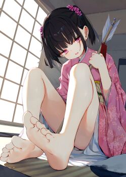 1girl barefoot black_hair commentary_request feet floral_print floral_print_kimono flower foot_focus full_body hair_flower hair_ornament head_tilt indoors japanese_clothes kamizaki_hibana kimono long_sleeves looking_at_viewer obi on_floor open_mouth original pink_eyes pink_flower pink_kimono print_kimono sash short_hair short_twintails sitting smile soles solo toes twintails wide_sleeves