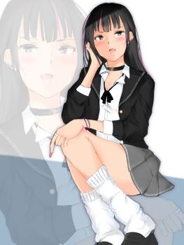 1girl adapted_costume alternate_eye_color amagami ayatsuji_tsukasa black_bow black_bowtie black_eyes black_hair black_jacket black_sailor_collar blazer blue_background blue_eyes blunt_bangs bow bowtie bracelet breasts cleavage collarbone collared_shirt commentary_request earclip fake_nails feet_out_of_frame fingernails grey_skirt gyaru hand_in_own_hair hand_up heterochromia highres invisible_chair jacket jewelry kibito_high_school_uniform kogawa_iori loafers long_fingernails long_hair long_sleeves looking_at_viewer loose_bowtie loose_socks multicolored_hair multiple_bracelets nail_polish open_mouth pink_nails pleated_skirt red_eyes sailor_collar school_uniform shirt shoes sitting skirt small_breasts socks solo straight_hair streaked_hair sweat thighs two-tone_background white_background white_shirt white_socks winter_uniform zoom_layer