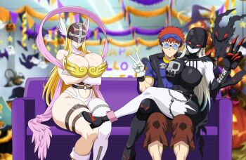 1boy 2girls absurdres angel angel_and_devil angel_wings anger_vein angewomon angewomon_(cosplay) artoria_pendragon_(lancer)_(fate) asymmetrical_clothes bare_shoulders belt black_bodysuit black_vs_white blonde_hair bodysuit breasts catsuit chain cleavage clothing_cutout colored_skin cosplay covered_eyes crossed_arms crossover demon_girl digimoji digimon digimon_(creature) digimon_adventure digimon_adventure_02 emiya_shirou fate/grand_order fate/stay_night fate_(series) feathered_wings frown gloves grey_hair grey_skin hagoromo harem helmet helmet_over_eyes highres holy_ring ladydevimon ladydevimon_(cosplay) large_breasts leather_suit long_hair mask morgan_le_fay_(fate) multiple_girls navel o-ring o-ring_belt orange_hair red_eyes reiichi_543448 salute shawl skull_print smile stitches stomach_cutout thigh_strap torn_bodysuit torn_clothes two-finger_salute very_long_hair winged_gloves winged_helmet wings