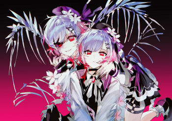 2girls absurdres beret black_choker black_hat black_shoes choker colored_extremities commentary corruption dark_persona dual_persona flower gradient_background gradient_hair hair_flower hair_ornament hat highres long_sleeves looking_at_viewer mahou_shoujo_no_majo_saiban merc4ury0 multicolored_hair multiple_girls neck_ribbon o-ring o-ring_thigh_strap pink_background pink_hair red_eyes ribbon sakuraba_ema shoes short_hair skeletal_wings smile spoilers thigh_strap white_ribbon wings witch_(manosaba) x_hair_ornament