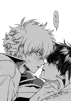 2boys a_ryarya105 after_kiss blush collared_shirt commentary_request eye_contact gintama hand_in_another&#039;s_hair highres hijikata_toushirou holding_hands looking_at_another lying male_focus multiple_boys on_back open_collar popped_collar sakata_gintoki saliva shirt simple_background speech_bubble twitter_username white_background wide-eyed yaoi