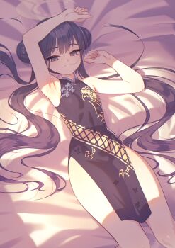 1girl absurdres armpits bed_sheet black_dress black_hair blue_archive breasts china_dress chinese_clothes commentary_request double_bun dragon_print dress grey_eyes grey_halo hair_bun halo highres horange kisaki_(blue_archive) long_hair looking_at_viewer lying on_back pelvic_curtain print_dress revision sleeveless sleeveless_dress small_breasts solo thighs twintails twitter_username