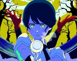 1girl 1other animated backlighting bare_tree bat_(animal) baton_(weapon) behind_another blue_eyes blue_hair blush colored_skin fingernails fog furrowed_brow green_nails hairdressing heavy_breathing holding holding_baton_(weapon) long_fingernails long_hair looking_around looking_at_viewer low_ponytail original ponytail red_skin serious sharp_fingernails shirt short_sleeves sikikazuto sky straight-on sweat tree upper_body vampire video weapon white_shirt wide-eyed yellow_sky zooming_out