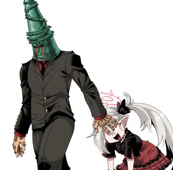 1boy 1girl :d absurdres bent_over black_necktie blasphemous blood bloody_tears blue_archive business_suit commentary english_commentary english_text faceless faceless_male fang formal_clothes grabbing_another&#039;s_hair grey_hair haho hair_between_eyes hair_ornament halo head_grab highres holding_another&#039;s_hair long_hair mutsuki_(blue_archive) necktie open_mouth penitent_one pointy_ears school_uniform sensei_(blue_archive) short_sleeves side_ponytail sidelocks simple_background skin_fang smile suit walking white_background