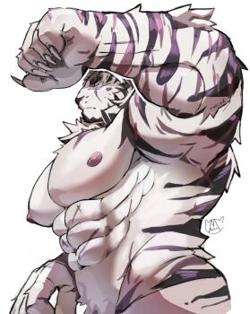 1boy abs animal_ears arknights bara completely_nude cowboy_shot from_side furry furry_male highres huge_pectorals large_hands looking_at_viewer male_focus malliseeed mountain_(arknights) muscular muscular_male nipples nude profile scar scar_across_eye scar_on_face short_hair solo standing strongman_waist thick_eyebrows tiger_boy tiger_ears white_hair