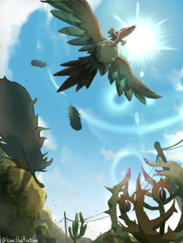 artist_name bird blue_sky bo_(bouillustration) bone brambleghast cactus cloud commentary desert falling_feathers feathered_wings feathers flying from_below gen_5_pokemon highres lens_flare mandibuzz nintendo no_humans outdoors pokemon pokemon_(creature) power_lines rock sky sun thorns twitter_username utility_pole wings