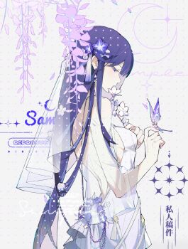 Rule 34 | 1girl, absurdres, alternate costume, alternate hairstyle, bare arms, bare shoulders, blunt bangs, breasts, bug, butterfly, butterfly on hand, chinese commentary, dress, earrings, eyeliner, flower, from side, genshin impact, gradient clothes, gradient dress, grey background, hair flower, hair ornament, hands up, highres, holding, holding flower, image sample, insect, jewelry, jinxi274, light blush, lofter sample, long hair, looking at animal, looking down, makeup, medium breasts, mole, mole under eye, multicolored hair, purple butterfly, purple dress, purple eyes, purple flower, purple hair, purple nails, raiden shogun, red eyeliner, sample watermark, sideboob, solo, standing, streaked hair, watermark, wisteria