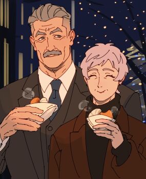 1boy 1girl ^_^ black_jacket black_suit blue_necktie brown_jacket closed_eyes closed_mouth collared_shirt couple earrings eating facial_hair food formal_clothes grey_hair hair_slicked_back highres holding holding_food jacket jewelry mature_female mature_male mustache necktie night old old_man old_woman original outdoors red_lips ring sa1k0p shirt short_hair smile stud_earrings suit suit_jacket sweater turtleneck turtleneck_sweater undercut upper_body wedding_ring white_hair white_shirt