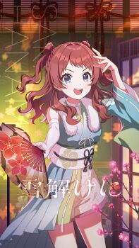 1girl blue_eyes english_text flower fur_trim gakuen_idolmaster game_cg gloves hanami_saki hand_fan highres holding idolmaster japanese_clothes japanese_text official_art open_mouth red_hair sash single_glove solo twintails yukidoke_ni_(idolmaster)