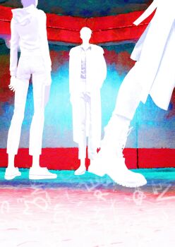 1girl 2boys boots coat collared_shirt commentary faceless from_below full_body han_sooyoung highres hood hood_down hoodie kim_dokja multiple_boys omniscient_reader's_viewpoint open_clothes open_coat shirt short_hair tix_0314 walking yoo_joonghyuk