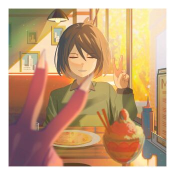 1girl 1other antenna_hair black_shirt booth_seating border brown_hair claws closed_eyes collared_shirt commentary cup deltarune dessert english_commentary food fruit green_sweater highres ice_cream indoors kris_(deltarune) long_sleeves mixed-language_commentary parfait pizza plate shirt short_hair smile strawberry susie_(deltarune) sweater table utdr_(toby_fox) v valve_core white_border window