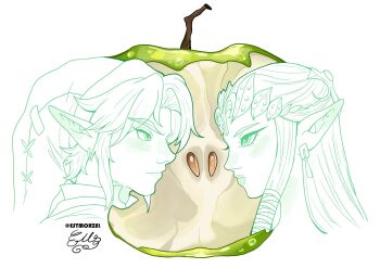 1boy 1girl apple apple_core appletrend closed_mouth collared_shirt earrings estmorzel food fruit hair_ribbon half_updo highres jewelry light_blush link long_hair looking_at_another nintendo parted_bangs phrygian_cap pointy_ears princess_zelda ribbon seed shirt short_hair sidelocks signature the_legend_of_zelda the_legend_of_zelda:_twilight_princess tiara twitter_username upper_body white_background