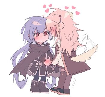 2girls blonde_hair blush chibi chibi_only chinese_commentary cloak collared_dress commentary_request dog_girl dress duel_monster emptyayya full_body gloves grey_hair holding_hands long_hair long_sleeves multiple_girls necktie red_eyes simple_background sky_striker_ace_-_raye sky_striker_ace_-_roze standing thighhighs tiptoes twintails two-tone_dress white_background yu-gi-oh! yuri