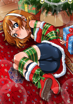 1girl arms_behind_back bike_shorts blue_eyes bound bound_arms bound_legs brown_hair christmas christmas_present christmas_tree daikinbakuju dress elbow_gloves fingerless_gloves full_body fur_trim gift glasses gloves hairband highres loli looking_at_viewer lying on_side original ribbon ribbon_bondage round_eyewear santa_costume santa_dress solo