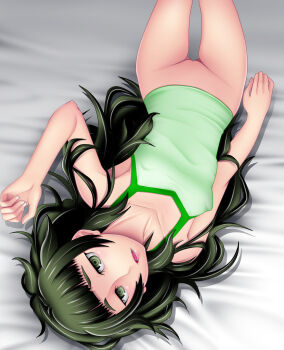 1girl bed_sheet blunt_bangs bottomless breasts collar commentary_request covered_erect_nipples dress green_collar green_eyes green_hair green_panties green_tank_top highres hiyajou_maho jacket loli long_hair looking_at_viewer lower_teeth_only lying messy_hair on_back open_mouth panties pussy science_adventure small_breasts solo steins;gate steins;gate_0 tank_top teeth tongue uncensored underwear very_long_hair yantaka