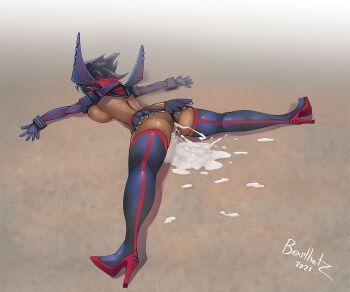 1girl after_vaginal ass besthetz boots breast_press breasts clothes cum cum_in_pussy cum_pool cumdrip dark-skinned_female dark_skin elbow_gloves female_focus full_body gloves highres kill_la_kill lying matoi_ryuuko medium_breasts multicolored_hair short_hair solo spread_eagle_position spread_legs sweat thigh_boots