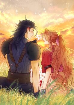 1boy 1girl absurdres aerith_gainsborough armor black_gloves black_hair blue_sweater blush bracelet brown_hair cloud cloudy_sky couple dress final_fantasy final_fantasy_vii final_fantasy_vii_remake flower from_behind gloves grass highres holding holding_flower jacket jewelry long_hair looking_at_another looking_to_the_side mianmian741 mixed-language_commentary orange_sky outdoors pink_dress profile red_jacket ribbed_sweater short_sleeves shoulder_armor sitting sky sleeveless sleeveless_turtleneck spiked_hair sunset sweater turtleneck turtleneck_sweater zack_fair