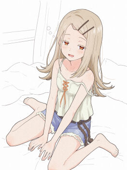 1girl arm_support belt black_belt blonde_hair blue_shorts blush camisole collarbone colored_eyelashes commentary_request denim denim_shorts flipped_hair full_body gakuen_idolmaster hair_ornament hairclip highres idolmaster long_hair looking_at_viewer on_bed open_mouth orange_eyes orange_ribbon parallel_hairclips parted_bangs pillow ribbon rope_belt shinosawa_hiro short_shorts shorts simple_background sitting smile solo soonanoka9 strap_slip v_arms wariza white_camisole