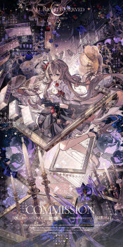 Rule 34 | 1girl, absurdres, black gloves, blue eyes, bow, brooch, brown hair, building, candle, candlestand, commission, crossed bangs, eyelashes, fire, floating hair, flower, flower brooch, full body, gears, gloves, hair between eyes, hair flower, hair intakes, hair ornament, high heels, highres, holding, holding candlestand, jewelry, long hair, looking at viewer, mihuashi commission, night, original, parted lips, picture frame, puffy short sleeves, puffy sleeves, purple bow, purple skirt, red flower, shirt, short sleeves, sidelocks, skirt, sky, solo, star (sky), starry sky, watermark, yan zi yao yu