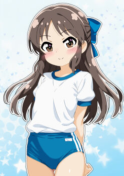 1girl blue_bow blue_buruma bow brown_eyes buruma commentary_request cowboy_shot gym_shirt gym_uniform hair_bow half_updo idolmaster idolmaster_cinderella_girls long_hair mizusaki_johnko shirt smile solo t-shirt tachibana_arisu thigh_gap white_shirt