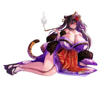 1girl animal_ear_fluff animal_ears black_choker black_fur black_hair blush breasts choker cleavage collarbone floral_print floral_print_kimono flower full_body fur-trimmed_kimono fur_trim gigantic_breasts hair_between_eyes hair_flower hair_ornament hair_stick highres holding holding_smoking_pipe japanese_clothes kaenuco kimono kiseru kunoichi_shiden last_origin long_hair looking_at_viewer lying mole mole_on_breast multicolored_hair nail_polish non-web_source official_alternate_costume official_art on_side open_mouth print_kimono purple_hair purple_kimono red_eyes red_flower red_nails simple_background smoke smoking smoking_pipe solo tail tiger_ears tiger_girl tiger_tail transparent_background two-tone_hair two_side_up